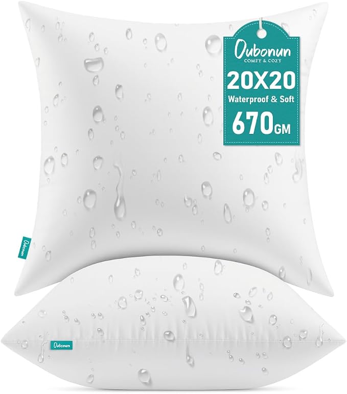 Oubonun 20x20 Waterproof Outdoor Pillow Inserts – Set of 2 Firm & Fluffy, Water Resistant Throw Pillows for Patio, Garden, Porch, or Indoor Decorative