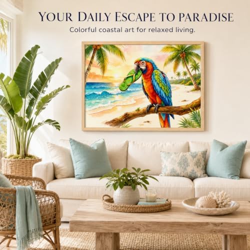 Framed Funny Parrot Bathroom Wall Art, Tropical Macaw Coastal Canvas Print | Coastal Beach Decor Colorful Bird Picture for Bath Pool House Tropical Palm Tree Poster Beach House Wall Decor 16x24Inches