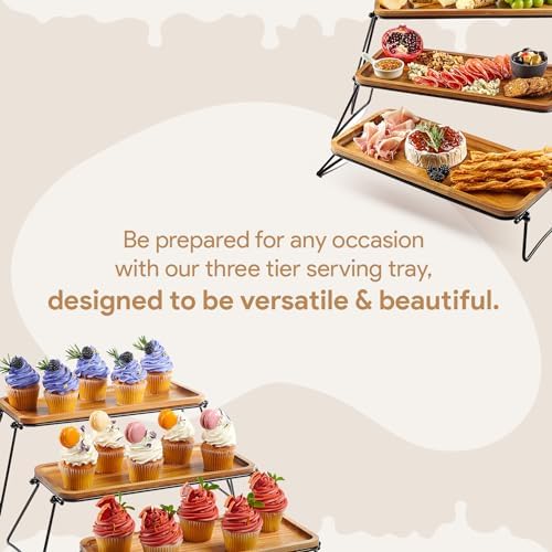 Homesphere 3 Tiered Tray Stand - Acacia Wood 3 Tier Serving Tray, Cupcake, Cake, Charcuterie Boards & Food Stand, Dessert Table Display Set, Wooden Party Serving Platters with Foldable Metal Supports