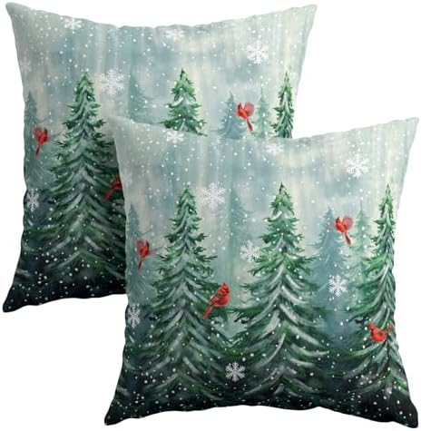 Watercolor Tree Throw Pillow Cover 20x20 inch Set of 2 Christmas Dark Green Trees Pillowcases Winter Red Bird Snowflake Decorative Cushion Covers Rustic Forest Pillow Protector for Home Sofa