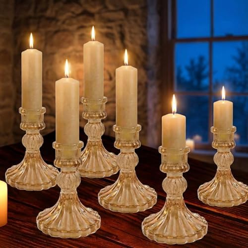 Amber Crystal Glass Candlestick Holders Set of 6, Vintage Taper Candle Holders for Dining Table, Wedding Centerpieces, Romantic, Thanksgiving Christmas Party Home Decor