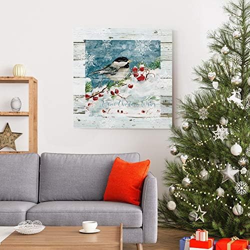 Renditions Gallery Christmas Abstract Wall Art Chickadee Bird Sitting in a White Snowed Cherry Tree Canvas Hanging Artwork Prints for Bedroom Office Home Kitchen - 32"X32" LT05