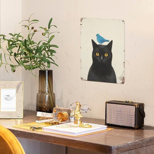 Funny Metal Tin Sign Cat With Blue Bird - Vintage Wall Art for Living Room, Bathroom, Kitchen - Humorous Home Decor Poster - Man Cave Decoration 12x8 Inches(4038)