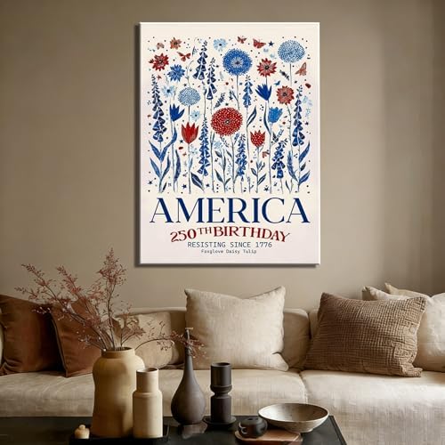 RIBNTAK Vintage Patriotic America 250th Birthday Wall Decor, 1776 Floral Canvas Prints, 4th of July Wildflower Art, Red White Blue Pictures for Kitchen, Office, Rustic Home, Made in USA