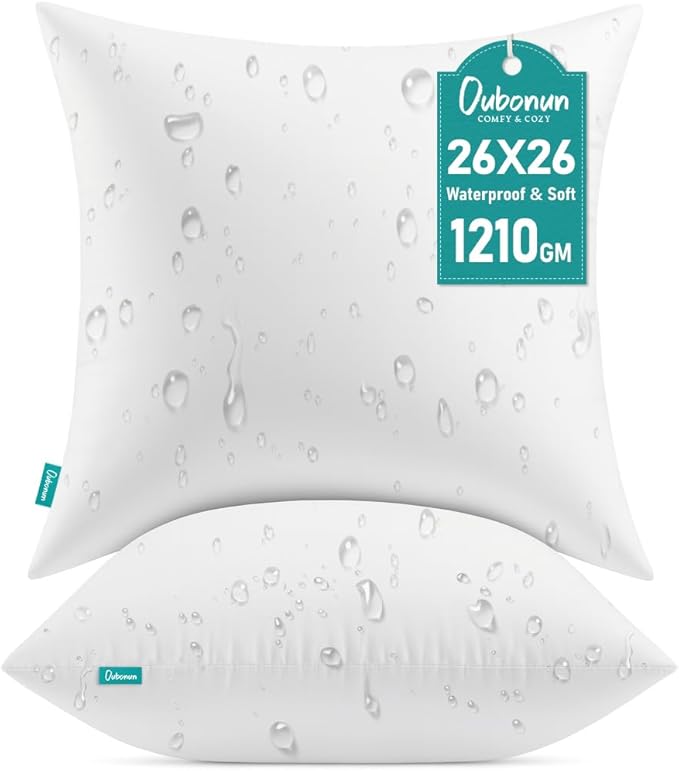 Oubonun 26x26 Waterproof Outdoor Pillow Inserts – Set of 2 Firm & Fluffy, Water Resistant Throw Pillows for Patio, Garden, Porch, or Indoor Decorative