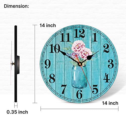 TAHEAT 14 Inch Flowers in Bottle Pattern Wall Clock, Retro Vintage Floral Silent Non Ticking Wooden Clocks, Decorative Easy to Read for Kitchen Living Room Bedroom Bathroom Office Decor
