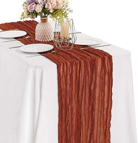 Terracotta 10FT Cheesecloth Table Runner Boho Gauze Fabric Table Runner Rustic Sheer Runner for Wedding Bridal Baby Shower Birthday Party Boho Table Decor（1 Pack Terracotta）