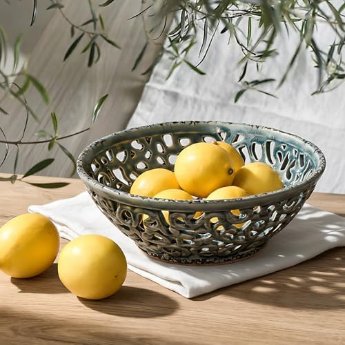 SIDUCAL Ceramic Fruit Bowl for Kitchen Counter,Decorative Fruit Basket with Holes, 10.43" Large Hollow Out Fruit Vegetable Holder Bowl for Table Decor, Gray