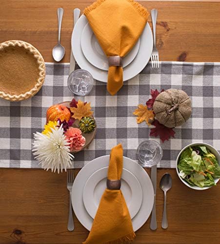 DII Fringed Check Tabletop, Table Runner, 14x108, Gray