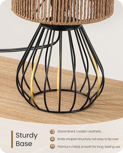 Rattan Table Lamp, Boho Table Lamp, Small Bedside Lamp, Handwoven Paper Lampshade, 2700K LED Bulb Included, Boho Desk Lamp, Modern Nightstand Lamp for Bedroom, Living Room, Striped SW06TL05
