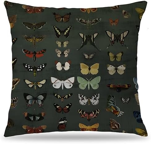 Dark Green Butterfly Pillow Covers 18x18 Double-Sided, Butterfly Room Home Decor, Vintage Moody Cottagecore Rustic Colorful Moths Decorative Throw Pillow Covers