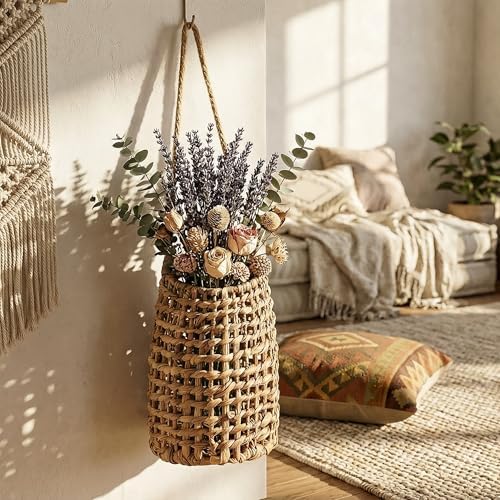Hiceeden Woven Front Door Basket, Water Hyacinth Hanging Wall Flower Basket, Wall Decor Boho Decoration Veggies Storage Basket for Home, Pantry, Garden, Farmhouse