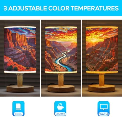 Red Canyon in The Wild West Table Lamp LED 3-Color Pressed Bedside, Red Canyon in The Wild West Shade Lamp with Wood Base for Bedroom Living Room Desk Office TL01
