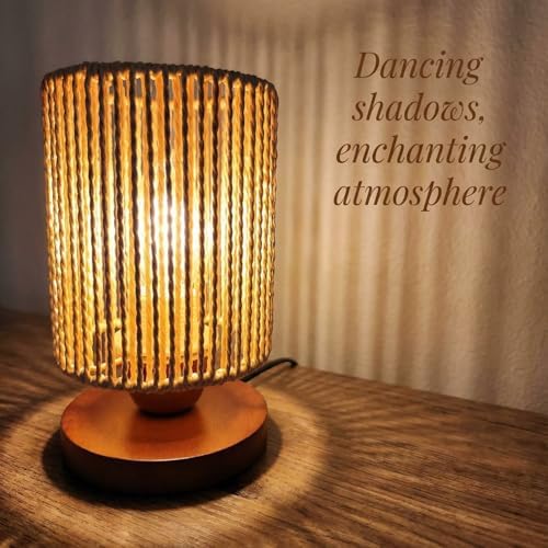 Small Rattan Table Lamp for Bedroom, Boho Bedside Lamp with Warm LED Bulb, Handwoven Wicker Nightstand Lamp for Nursery, Entryway & Dorm, Mini Ambient Night Light with Wood Base (8.6" Tall)