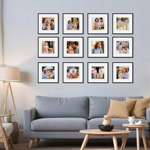 Giftgarden 12x12 Picture Frame Black Set of 16, Matted to 8x8 Photo with Mat, Lightweight Square Gallery Frames for Wall Hanging Display