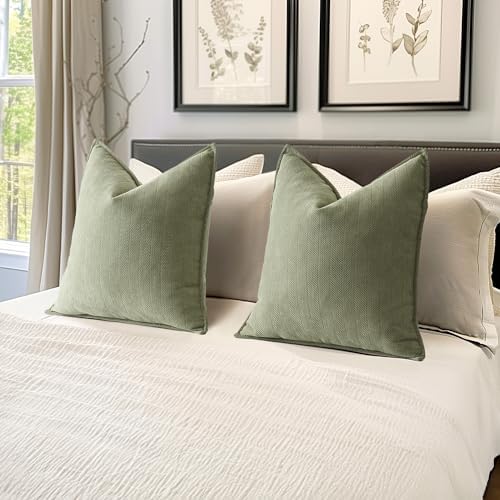 MIULEE Pack of 2 Sage Green Euro Shams Chenille Pillow Covers 22x22 Inch