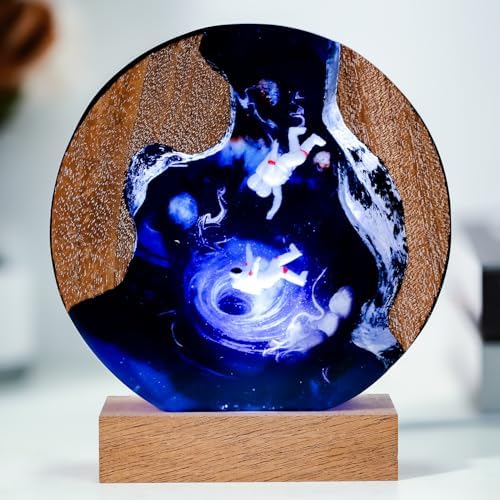 Handmade Galaxy Resin Lamp, 3D Cosmic Universe Lamp with Wooden Base
