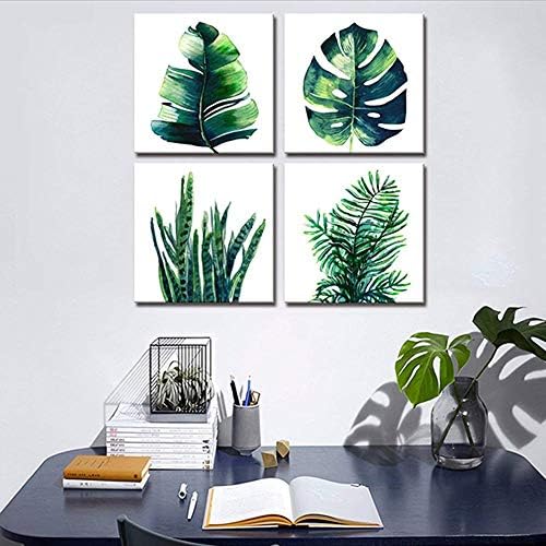 Tropical Plant Wall Art Boho Bathroom Decor Green Monstera Canvas Prints Bedroom Painting Botanical Posters for Kitchen Living Room Home Decorations Leaf Pictures Minimalist Artwork 16×16" 4Pcs/Set
