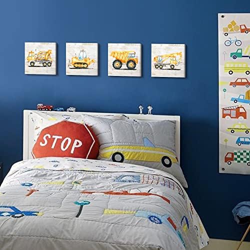 Construction Decor for Boys Room Construction Truck Pictures for Kids Room | Dump Truck Excavator Canvas Prints Vintage Car Posters Toddler Boy Room Decor Nursery Wall Art Playroom Decor 12x12" 4Pcs