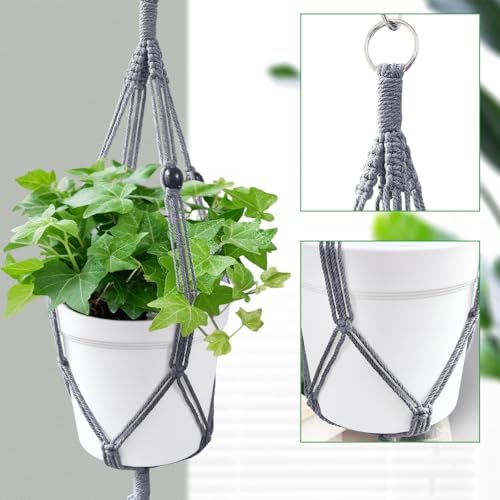 Belit 2 Pack Double Macrame Plant Hangers 2 Tier Hanging Planter Basket Decorative Flower Pot Holder Rope for Indoor Outdoor Home Decor 51 Inch, Grey