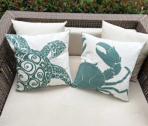 Embroidered Cute Nautical Animal Pillow Cover,Square 18 Inches Decorative Canvas Pillow Cover for Nautical Style Deco by (Seagreen-Sea Turtle)