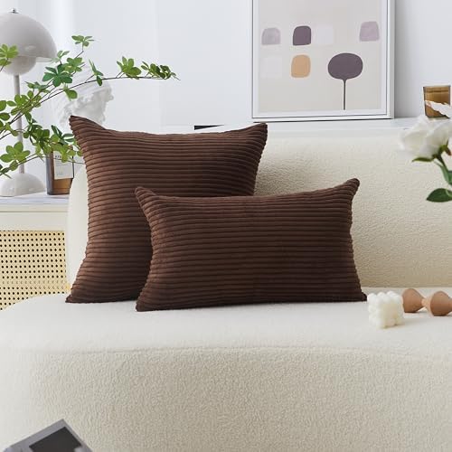 Home Brilliant Euro Pillows 26x26 Set of 2 Large Solid Striped Corduroy Euro Throw Pillow Cushion Cover Sham for Patio, 26 x 26 inch, Brown