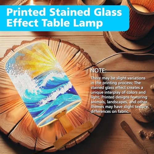 Sea and Ocean Waves Table Lamp LED 3-Color Pressed Bedside, Sea and Ocean Waves Shade Lamp with Wood Base for Bedroom Living Room Desk Office TL01