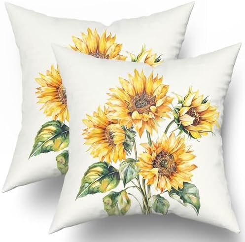 Watercolor Sunflower Throw Pillow Covers 20x20 Inch Set of 2 Floral Spring Summer Pillow Case Yellow Flowers Vintage Pillowcases Farmhouse Rustic Seasonal Cushion Cases for Home Couch Sofa