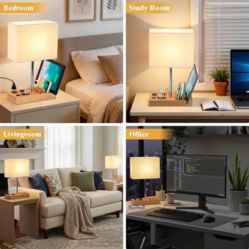 Briever USB Table Lamp, Multi-Functional Desk Lamp with 2 AC Outlets, Bedside Lamp with 3 USB Charging Ports and Wooden Phone Stands, Nightstand Lamp for Bedroom, Livingroom, Office, Natural Wood