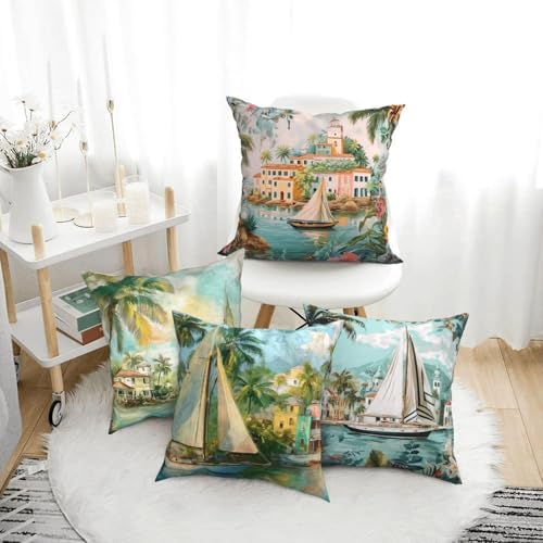 Vintage Sailing Throw Pillow Covers Set of 4 Decorative Soft Double Sided Print Pillow Case Farmhouse Home Decor for Living Room Sofa Couch 18x18