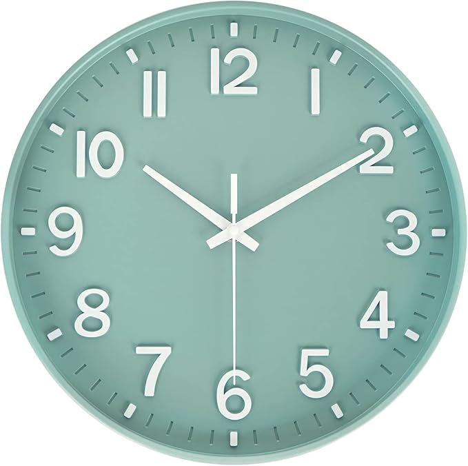 HZDHCLH 12 Inch Silent Wall Clock Battery Operated Non Ticking Green | Non Ticking 3D Numbers Round Clock for Wall, Green Wall Clock for Kitchen Bedroom Living Room Office Classroom Decor