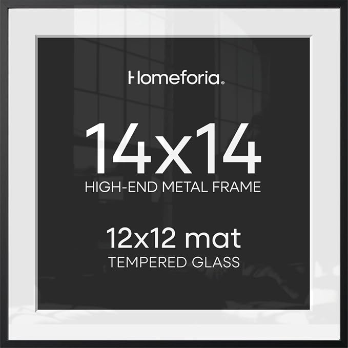 Homeforia 14x14 Black Picture Frame, High-End Metal, 12x12 Mat, Glass