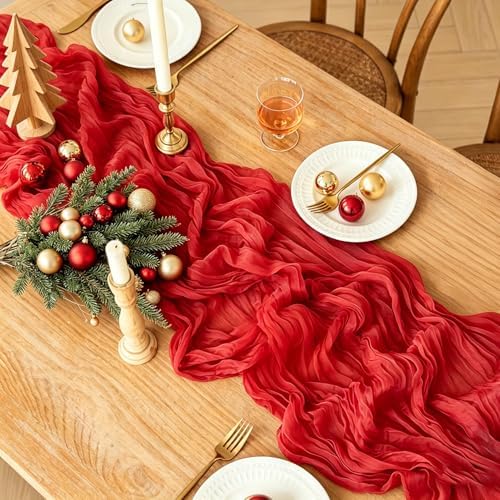 Red Cheesecloth Table Runner, 10FT Rustic Christmas Red Boho Gauze Table Runner for Christmas Wedding Bridal Shower Baby Shower Birthday Tea Party Decorations