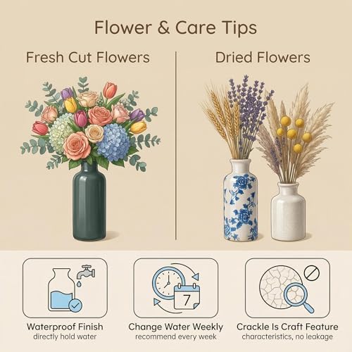 Vintage Ceramic Flower Vase Set of 3, Rustic Farmhouse Vase for Home Decor, Distressed Decorative Vase for Table Entryway Mantel Centerpiece Living Room Bathroom Bedroom (Blue and White)