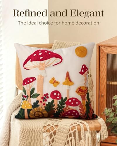 Embroidered Throw Pillow Cover 18x18 Inch - Spring Summer Boho Decorative Pillow Cover with Zipper for Living Room Couch Sofa Bed Aesthetic Design Mushroom Moon Cushion Pillowcase (Pack of 2)