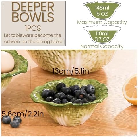 KXZ 5 oz Ceramic Dipping Bowl, Green Cabbage Shape Small Bowls, Porcelain Mini Baking Cups Oven Safe for Personal Ice cream, Soy Sauce, Dipping Dish, Cheese, Snack, Yogurt, Ketchup, BBQ
