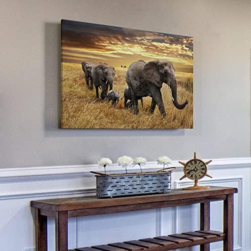 Elephant Canvas Picture Wall Art: Elephant Family Migrate Painting yellow Autumn Sunset Prints Panoramic Animals Wildlife Decorations For Living Room Bedroom Decor 36x24