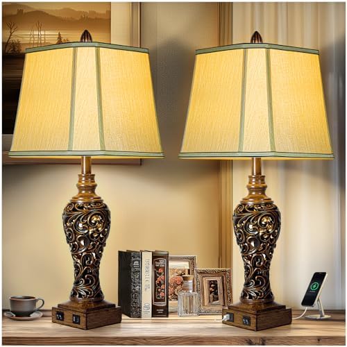 28.5" Farmhouse Vintage Table Lamp Set of 2 with Nightlight, Dark Bronze
