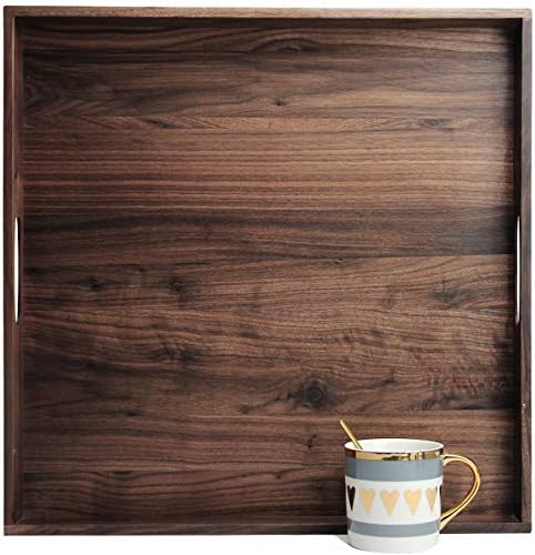 19"x 19" Large Black Walnut Square Ottoman Serving Tray with Handles