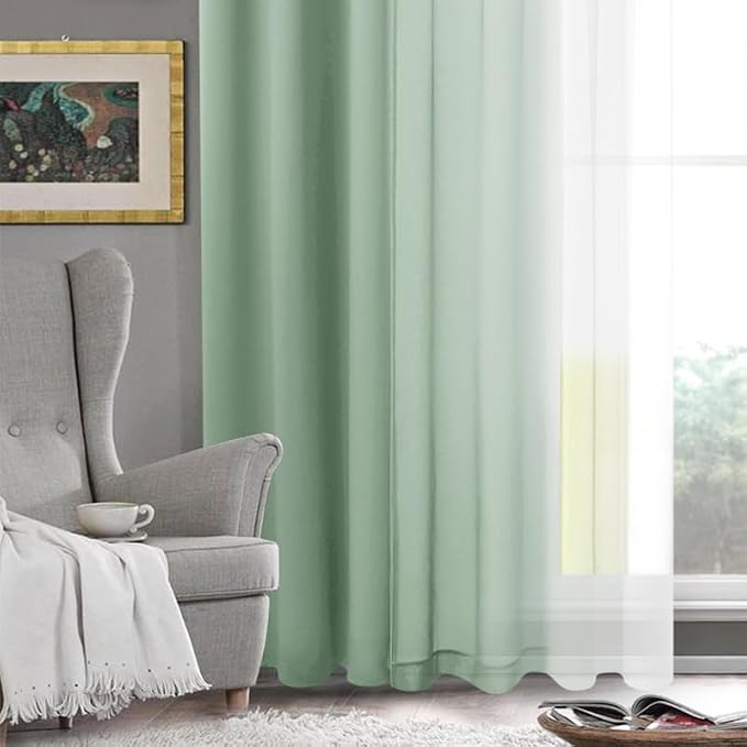 DWCN Light Sage Faux Linen Ombre Sheer Curtains - Short Curtains Gradient Semi Voile Curtains for Kitchen and Living Room, Set of 2 Grommet Top Window Curtain Panels, W52 x L54 Inches, Sage Green