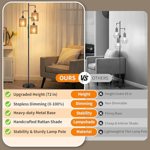 Hotsonic 72" Boho Rattan Tree Floor Lamp, Tall Dimmable Industrial Standing Lamp, Corner Decor Accent Lighting for Living Room, Bedroom, Dining Room, Nursery, Cafe (3 x 800LM Bulbs Included) - Black