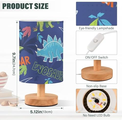 Green-Blue-Orange Dinosaur Table Lamp Bedside Lamps with USB Port,Wood Base Round Flaxen Fabric Shade for Bedroom