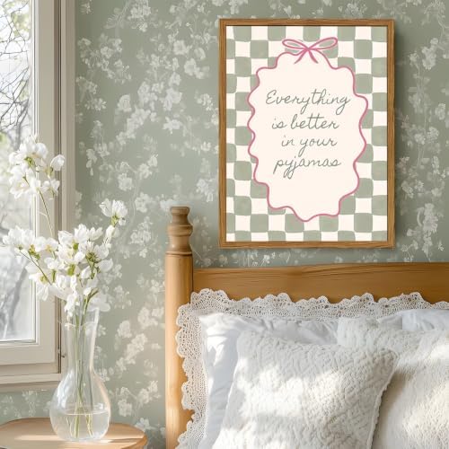Framed Everything Is Better In Your Pyjamas Wall Art, Pink and Green Girls Bedroom Inspirational Quotes Pictures Wall Decor, Preppy Coquette Bow Paintings Canvas Prints Girly Home Decor 12x16 inch