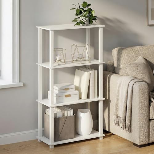 Furinno Turn-S-Tube Storage Shelves, 4-Tier Book Shelf, Corner Shelf, Toolless Open Frame Standing Shelves, for Organization and Storage, Living Room, Garage, Home Office, White