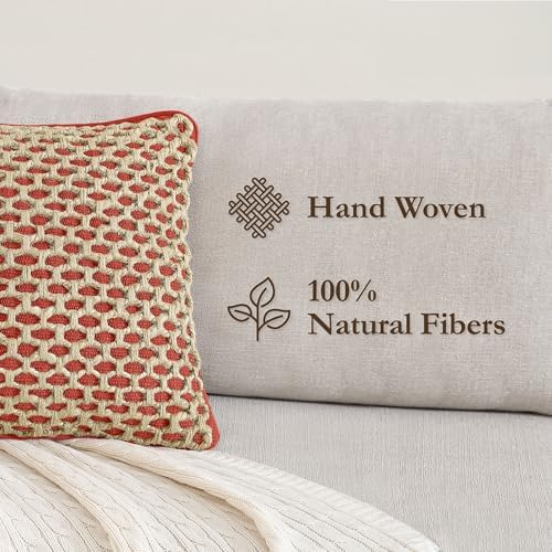Boho Living Jada Premium Woven Design, Decorative Throw, Living Room Décor, (2) 20" x 20" Pillow Covers with Insert, Rust 2 Count