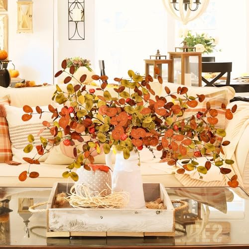 Uieke 8PCS Artificial Fall Eucalyptus Stems, 28inch Fall Eucalyptus Leaves Branches with Orange Pumpkins Long Stems Fall Decorations for Home Autumn Florals Arrangement Thanksgiving Decor