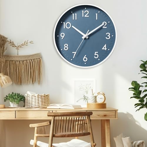 Mosewa Small 8 Inch Wall Clock Battery Operated Silent Non Ticking Analog | Azure Blue modern clock; oversized 3D easy-read dial for kitchen, bedroom & office; 1 AA battery (not included)
