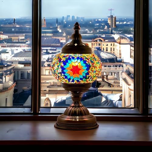SILVERFEVER Handcrafted Mosaic Turkish Lamp Moroccan Glass Table Desk Bedside Light Bronze Base with E12 Bulb (Purple Starburst)