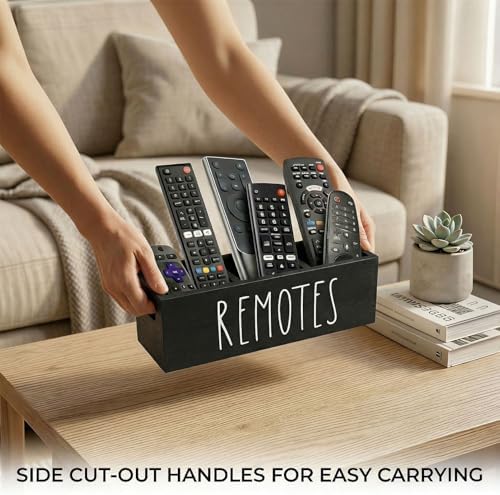 Remote Control Holder, Farmhouse Remote Storage Caddy, Bedside TV Controller Box, Rustic Wood Media Organizer Tray for Home Bedroom Table (Black)