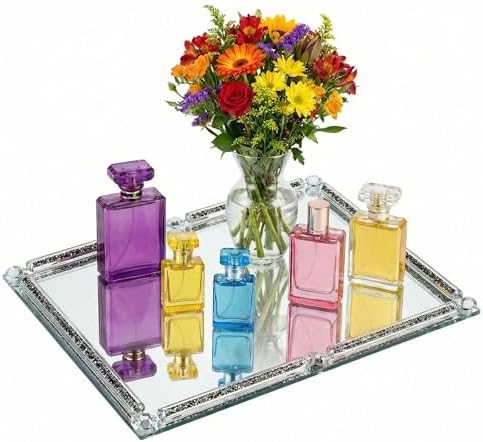 Large Mirror Perfume Tray for Dresser,Crushed Diamond Glass Tray
